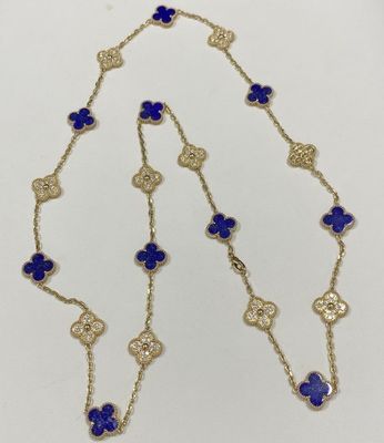 VCA Replica Vintage Alhambra Necklace 20 Motifs 18K ทองเหลือง เพชรทองเหลือง Lapis Lazuli