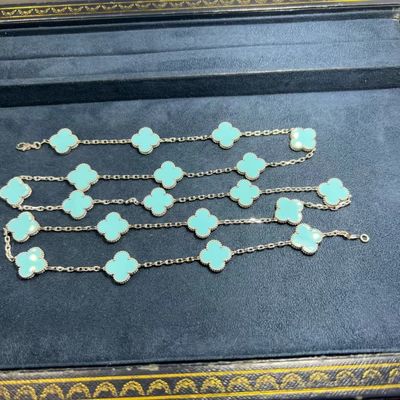 สร้อยคอทองคําสีเทอร์กิวส์สีขาว 18k สร้อยคอทองคําสีเทอร์กิวส์สีเทอร์กิวส์สีเทอร์กิวส์ 18k Long Van Cleef