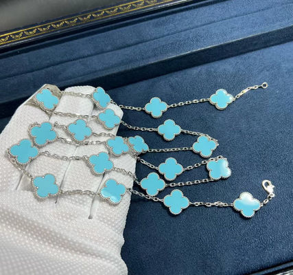 สร้อยคอทองคําสีเทอร์กิวส์สีขาว 18k สร้อยคอทองคําสีเทอร์กิวส์สีเทอร์กิวส์สีเทอร์กิวส์ 18k Long Van Cleef